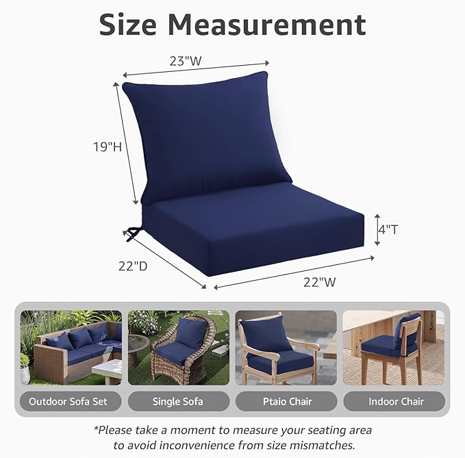 PatioGlow Outdoor Seat Cushion Set 22 x 22 x 4 Inch, Waterproof & Fade Resistant Patio Furniture Cushions with Removable Cover and Ties, Thick Deep Seating Pads for Outside Chair Sofa Couch, Dark Blue