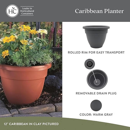 The HC Companies Caribbean Planter Pot - Outdoor & Indoor Plant Pot with Drainage Hole & Plug - Rolled Rim Plastic Pots for Plants & Flowers - Decorative Plant Pot (12" Warm Gray, Pack of 1)