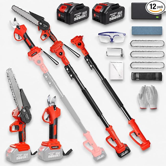 4-in-1 Cordless Pole Saw & Pruning Shears Combo Kit, 21V Electric Tree Trimmer with 180° Rotating Head, 16ft Max Reach, 8" Chainsaw & 2 x 4.0Ah Battery Powered Brushless Tree Pruner