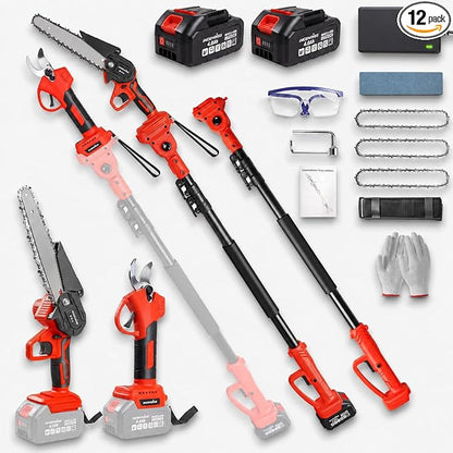 4-in-1 Cordless Pole Saw & Pruning Shears Combo Kit, 21V Electric Tree Trimmer with 180° Rotating Head, 16ft Max Reach, 8" Chainsaw & 2 x 4.0Ah Battery Powered Brushless Tree Pruner