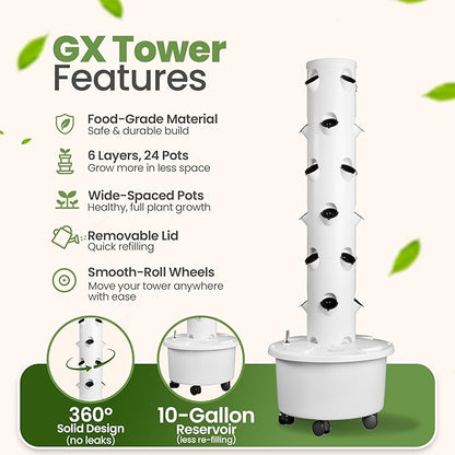 GX Hydroponic Tower | Vertical Planter Tower | Hydroponics Growing System Kit | Food Grade with 24 Net Pots (Without Lights)