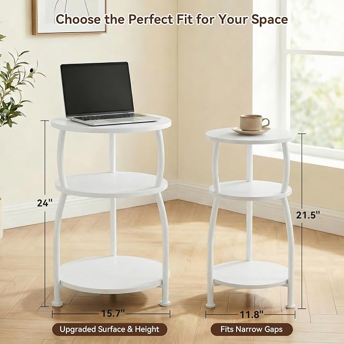 Round Side Table, 3-Tier End Table with Storage Shelf, 15.7" Wide Nightstand for Small Spaces, Tall Sofa Table Capable of Holding Laptops & Lamps, Bedside Table for Bedroom & Living Room, White