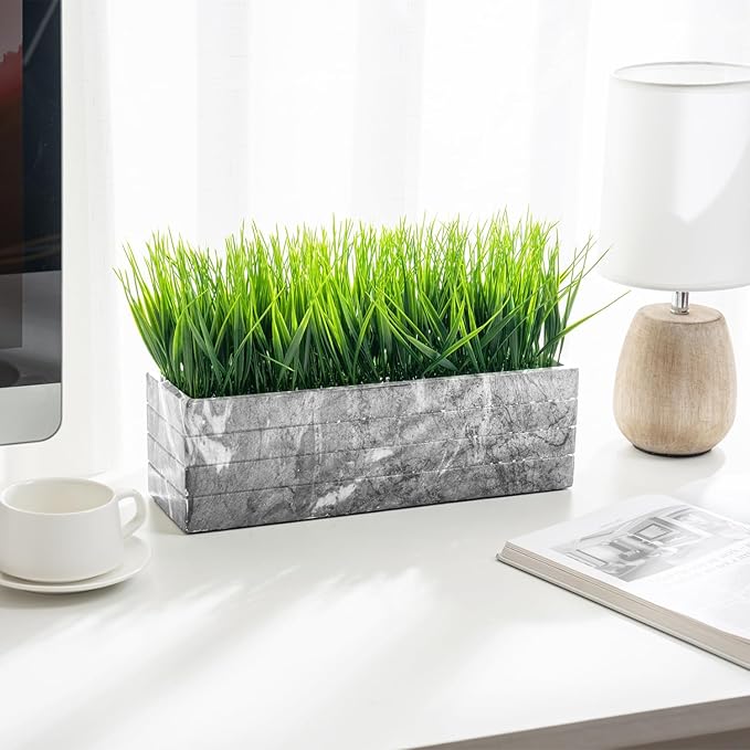 MyGift 14 Inch Artificial Green Grass Plant in Gray Marble Pattern Resin Ribbed Rectangle Planter, Faux Greenery Rectangular Cement Pot Centerpiece Home Décor