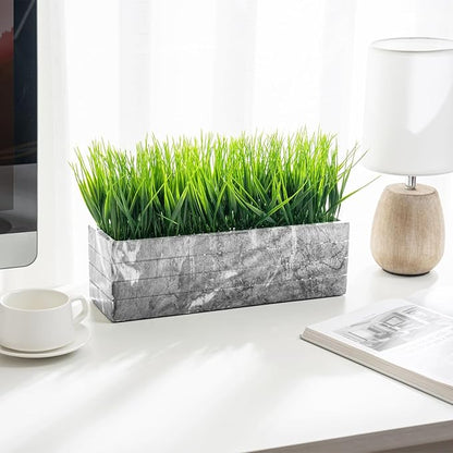 MyGift 14 Inch Artificial Green Grass Plant in Gray Marble Pattern Resin Ribbed Rectangle Planter, Faux Greenery Rectangular Cement Pot Centerpiece Home Décor