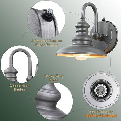 LONEDRUID Dusk to Dawn Sensor Outdoor Gooseneck Barn Light Fixtures Silver Exterior Wall Sconce Lighting Waterproof Outside Porch Lantern Rustic Farmhouse Wall Mount Lamp for House Garage Patio