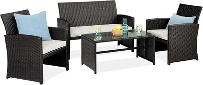 Best Choice Products 4-Piece Outdoor Wicker Patio Conversation Furniture Set for Backyard w/Coffee Table, Seat Cushions - Black/White Sand