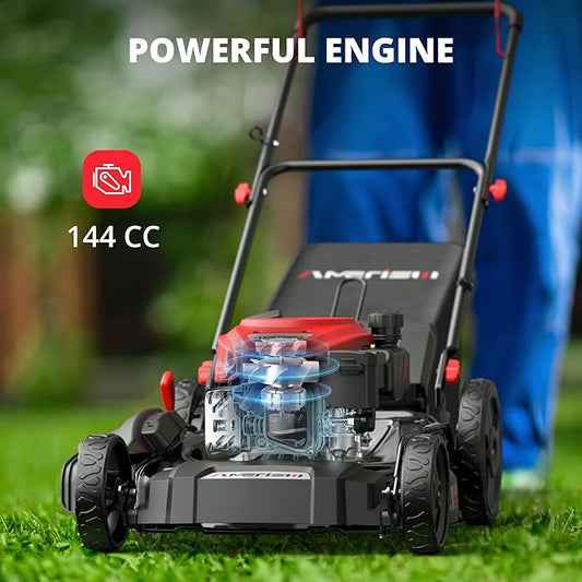 AMERISUN 21-Inch 3IN1 Push Gas Lawn Mower with Mulching, Bagging & Side Discharge, 144cc 4-Stroke OHV Engine, Adjustable 6-Height Cutting, 1.4 Bushel Grass Catcher, Residential Yard & Garden Use