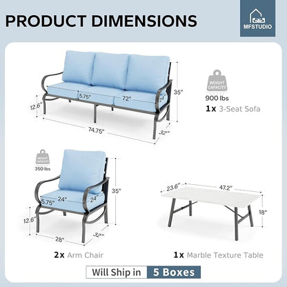 MFSTUDIO 4 Pieces Patio Conversation Sets(5 Seat),Outdoor Metal Furniture Sofas with 1 Loveseat(3 Seat), 2 Single Chairs,1 Coffee Table,Wrought Iron with Blue Cushion for Patio Courtyard Balcony