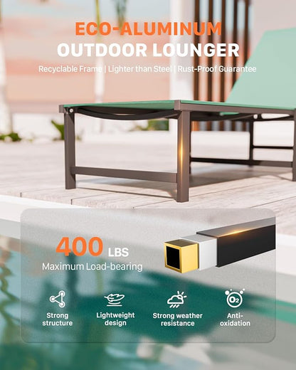 Chaise Lounge Chair Outdoor, Aluminum PatioChairs with 5 Adjustable Backrest and HeadrestPillows for Outside Beach,Green