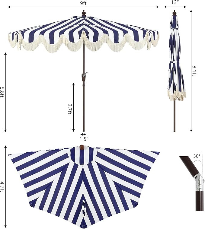 JONATHAN Y Half Umbrella UMB1201B Beverly 9 ft. Designer Classic Scalloped Fringe Market Patio with Crank, Push Button Tilt and UV Protection in Navy/White