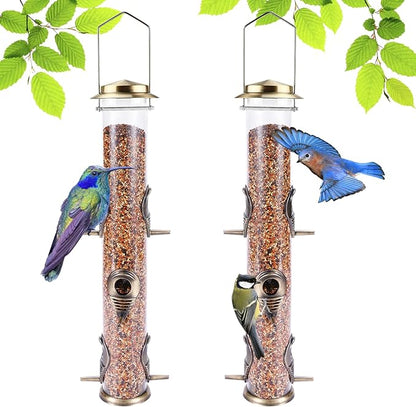 Metal Bird Feeder Tube Hanging Wild Bird Seed Feeder Aluminum Six Port Bird Feeders,1.4 mm Extra Thick Solid Tube Transparent with Steel Hanger Great for Attracting Birds (Bronze 2PK)
