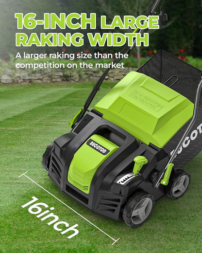 2-in-1 Dethatcher & 16-Inch Scarifier Electric Corded, 15 Amp Copper Motor, Electric Lawn Dethatcher with 5-Position Depth Adjustment, 14.5 gal Thatch Bag,Walk Behind for Yard Lawn Garden Care