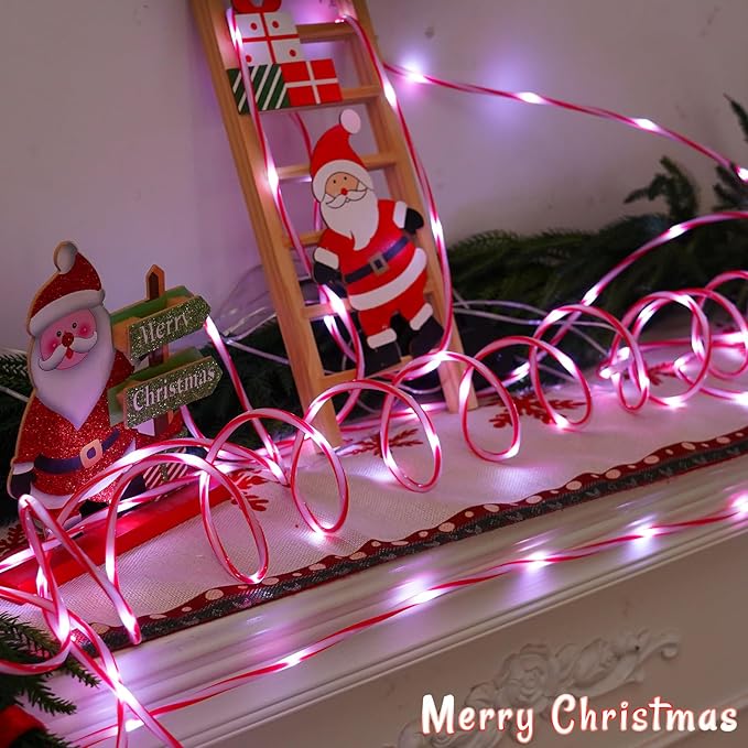 YEGUO Solar Christmas Candy Cane Rope Lights, 2 Packs Each 33ft 100 LED Red & White Solar Rope Light Outdoor Waterproof Decorations String Tube Lights