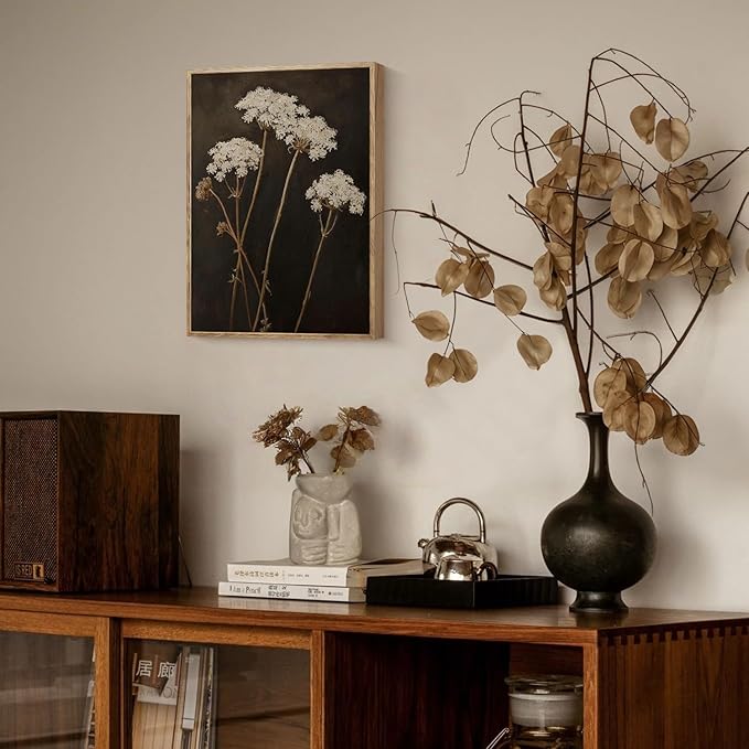 Vintage Canvas Wall Art White Flowers Wall Decor Landscape Country Wildflowers Painting Farmhouse Picture Modern Print Rustic Floral Prints Living Room Bedroom Bathroom 12x16 Inch Framed