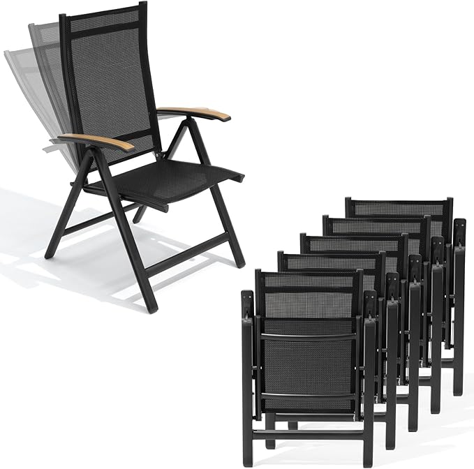 Crestlive Products Folding Patio Chairs Set of 6, 8-Level Adjustable Outdoor Recliner Chairs with Teak Armrest Aluminium Frame for Pool, Backyard, Black