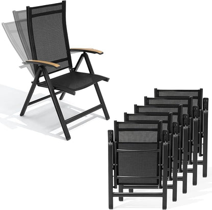 Crestlive Products Folding Patio Chairs Set of 6, 8-Level Adjustable Outdoor Recliner Chairs with Teak Armrest Aluminium Frame for Pool, Backyard, Black