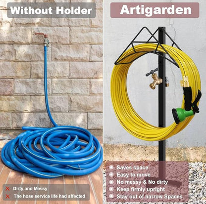 Artigarden Outdoor Hose Holder Stand with Brass Spigot Faucet - Freestanding Metal Water Pipe Extension Hanger Stake Heavy Duty Storage Organizer for Garden Lawn, Backyard