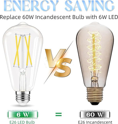 Edison Bulbs 60 watt Equivalent LED, E26 LED Bulb Non-Dimmable, 4000K Daylight White, ST58 Vintage Light Bulbs, 90+ CRI, 6W 600LM, E26 Medium Base, Clear Glass, 12 Pack