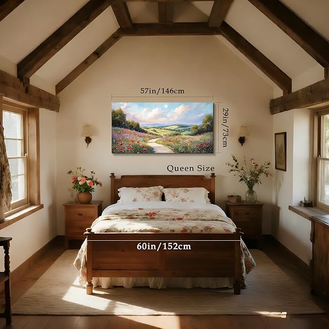 SERIMINO Oversized Wall Art, Landscape Wall Art, Rustic Green Scenic Decor, Spring Wildflowers Picture Prints, Hillside Grassland Paintings for Living Room Bedroom Dining Room Hallway Farmhouse Hotel 29"x57"