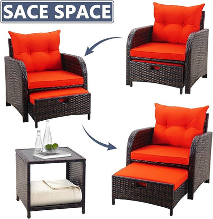 5 Pieces Wicker Patio Chairs Set with Ottomans, Orange Cushioned Lounge Chairs Set of 2 with Ottoman, PE Rattan Outdoor Furniture with Ottoman Set for Balcony Porch