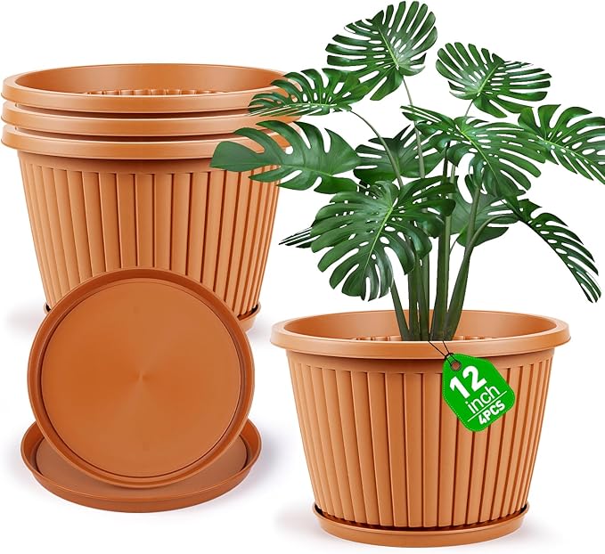 Large-Planter-Indoor-Outdoor Plant Pots, 12 inch 4 Pack Plastic Flower Pots with Saucer And Drainage Holes, Modern Garden Planters For Planting Medium Large Plants, Decorative Resin Garden Pots