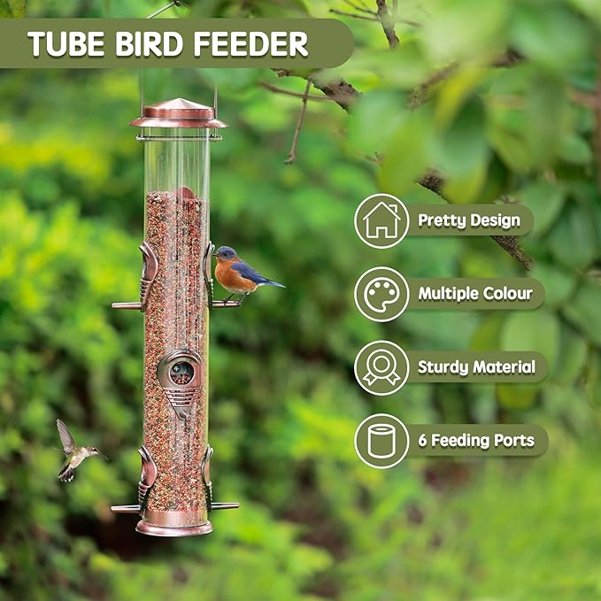 Metal Bird Feeder Tube Hanging Wild Bird Seed Feeder Aluminum Six Port Bird Feeders,1.4 mm Extra Thick Solid Tube Transparent with Steel Hanger Great for Attracting Birds (Antique Copper 2PK)
