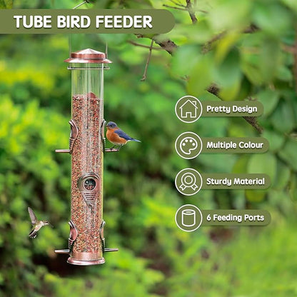 Metal Bird Feeder Tube Hanging Wild Bird Seed Feeder Aluminum Six Port Bird Feeders,1.4 mm Extra Thick Solid Tube Transparent with Steel Hanger Great for Attracting Birds (Antique Copper 2PK)