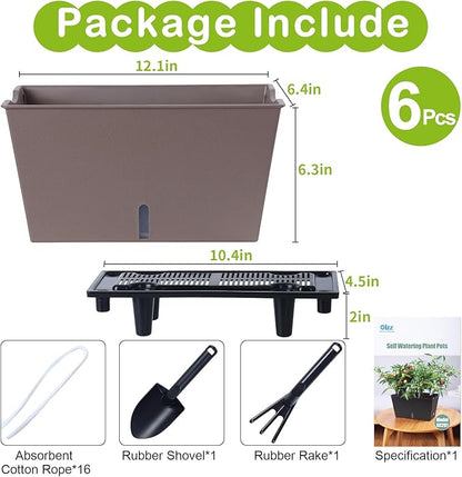 Oliz Window Box Planter 6 Pcs, 12.6 Inches Self Watering Rectangle Flower Plant Pots with Drainage Holes & Breathable Trays, Vegetable Planters for Windowsill Patio Garden Balcony Porch Yard (Khaki)