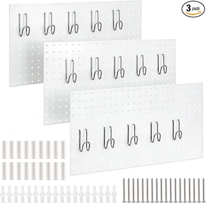 DEWEL Wall Organizer Peg Board, 3Pcs Metal Pegboard Panels with Hooks, 23" x 12" Heavy Duty Pegboard Wall Organizer for Workbench, Workshop, Office, Craft Room (3pcs white)