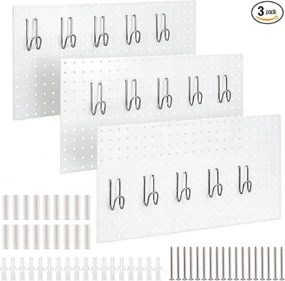 DEWEL Wall Organizer Peg Board, 3Pcs Metal Pegboard Panels with Hooks, 23" x 12" Heavy Duty Pegboard Wall Organizer for Workbench, Workshop, Office, Craft Room (3pcs white)