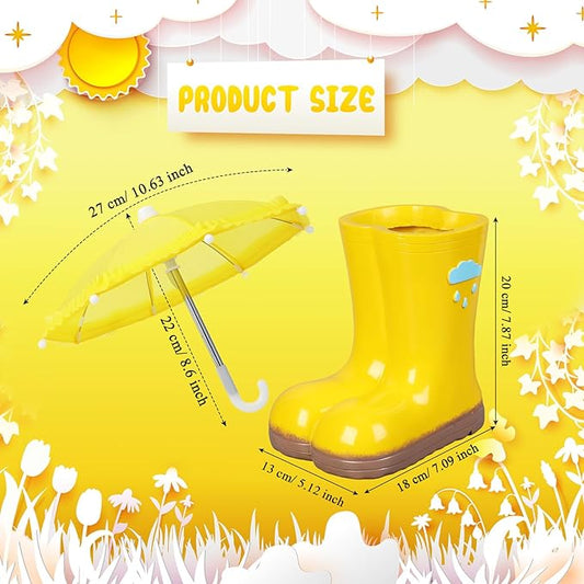 Rain Boot Vase Spring Rain Boot with Yellow Umbrella 7.87 x 5.12 x 7.09 7.87 x 5.12 x 7.09 Resin Flowerpot Floral Centerpiece April Showers Table Decor for Herbs Succulents Flowers