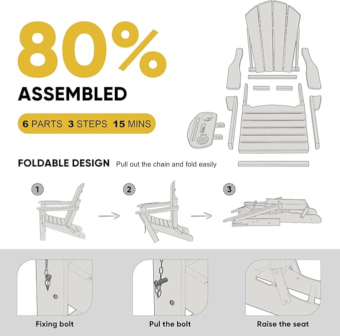 Adirondack Chair Set of 2, HDPE Folding Adirondack Chair with Multifunctional Cup Holder, Weather Resistant Fire Pit Chair for porches, patios, patios, poolsides, Decks.