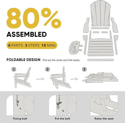 Adirondack Chair Set of 2, HDPE Folding Adirondack Chair with Multifunctional Cup Holder, Weather Resistant Fire Pit Chair for porches, patios, patios, poolsides, Decks.