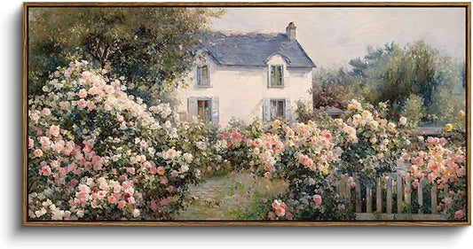 InSimSea Extra Large Framed Vintage Wall Art, Living Room Country Farmhouse Decor, Cottage Rose Garden Landscape Canvas Prints, Retro Scenery Long Pictures for Bedroom Above of Bed,20x40inch