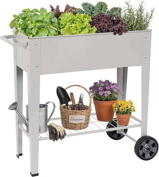 Tall Raised Garden Bed Outdoor with Wheels, Metal Elevated Raised Planter Box with Drainage Holes for Vegetables, Flower, Herbs(Grey)