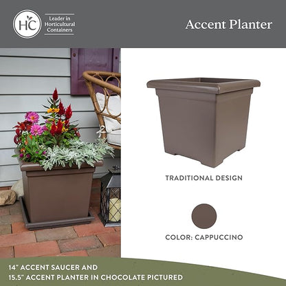 The HC Companies Accent Square Plant Pot w/Drainage - Classic Planters for Outdoor Plants & Indoor Plants - Lightweight & UV-Resistant Square Planter Box (15.5”, Cappuccino, Pack of 1)