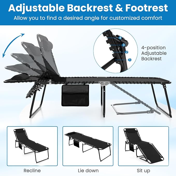 GYMAX Lounge Chairs for Outside, Extra High Folding Beach Tanning Lounger with Adjustable Backrest, Footrest & Removable Pillow, Sunbath Lounge for Patio, Lawn, Poolside (1, Black with Side Pocket)