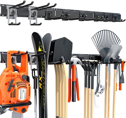 48" Garage Tool Organizer Wall Mount, 440lbs Heavy Duty Metal Storage Rack | Adjustable Hooks Garden Tool Organization System | Anti-Rust Shed Holder for Hanging Rake, Broom, Shovel, Snowboard