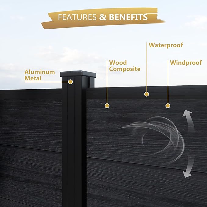 6 Feet×6 Feet Privacy Fence, Outdoor Wood Plastic Composite Fence Panel, Waterproof Security Barriers Fencing (Black with Two 7.6FT Posts)