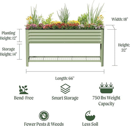 Elevated Raised Garden Bed- Slim Series, 1.5' x 5.5' Outdoor Planters Boxes with Legs & Storage Rack for Patio, 750 Lbs Weight Capacity, Raised Beds for Gardening Herbs Vegetables Flowers, Olive Green