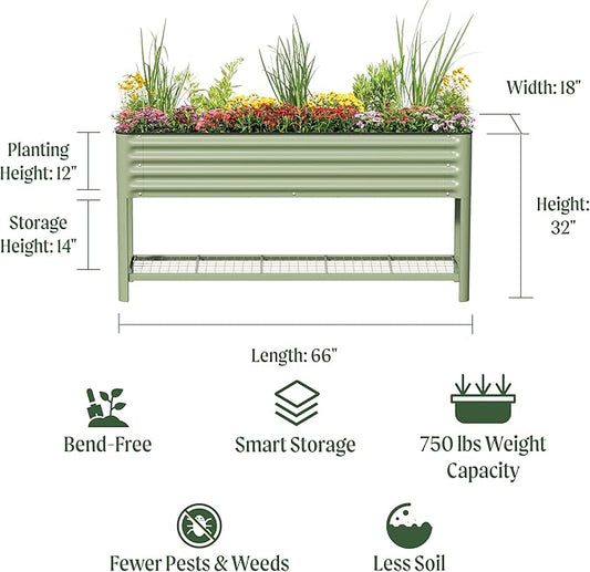 Elevated Raised Garden Bed- Slim Series, 1.5' x 5.5' Outdoor Planters Boxes with Legs & Storage Rack for Patio, 750 Lbs Weight Capacity, Raised Beds for Gardening Herbs Vegetables Flowers, Pearl White