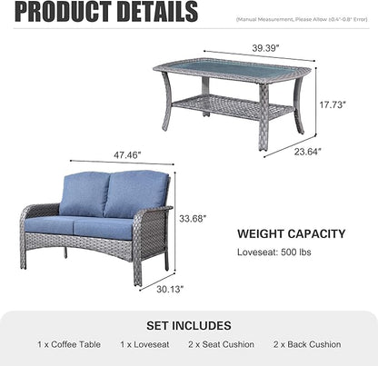 HOOOWOOO Patio Furniture Set,Outdoor High Back Loveseat Set,All Weather Wicker 2-Seater-Sofa Love Seat with Long Table,Denim Blue