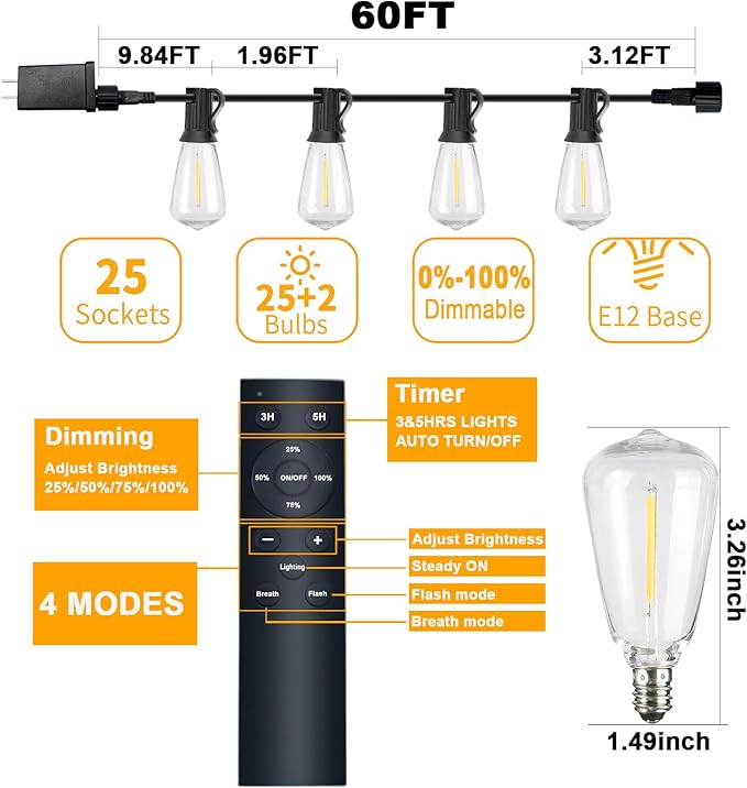 60FT LED String Lights with Remote, ST38 Dimmable Globe for Patio, 27 Edison Vintage Shatterproof Bulbs, Waterproof Backyard Lights for Bistro, Porch