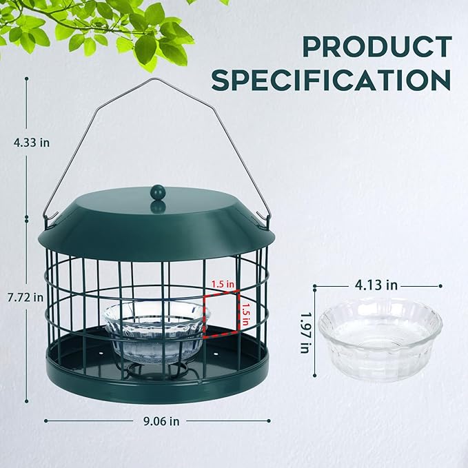 Gbekery Caged Bluebird Feeder for Mealworms with Glass Bowl, Squirrel Proof Bird Feeder for Small Birds Only, Detachable Hook, Large Space, Outdoors Weatherproof, Metal, Green