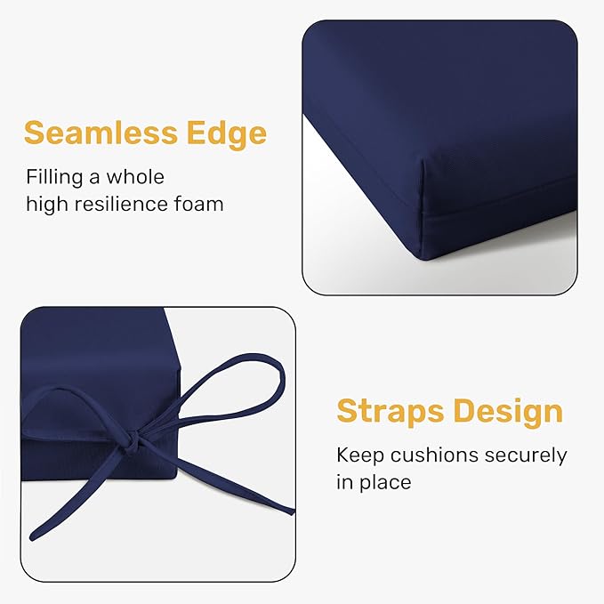 UNIKOME Outdoor Chair Cushions Pack of 4, Water Resistant Patio Cushions with Ties, High Density Sponge Filling Square Corner Seat Cushions for Outdoor Furniture, 18.5"x16"x3", Navy Blue