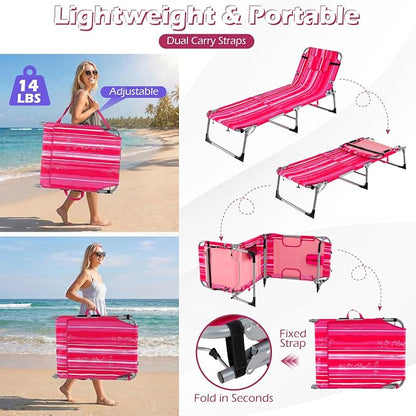 GYMAX Tanning Chair, 330LBS Beach Lounge Chair w/Face Arm Hole & Shoulder Strap, Folding Layout Sunbath Chair, Face Down Outdoor Chaise Lounger for Patio, Poolside, Lawn, Backyard (2, Pink Stripe)