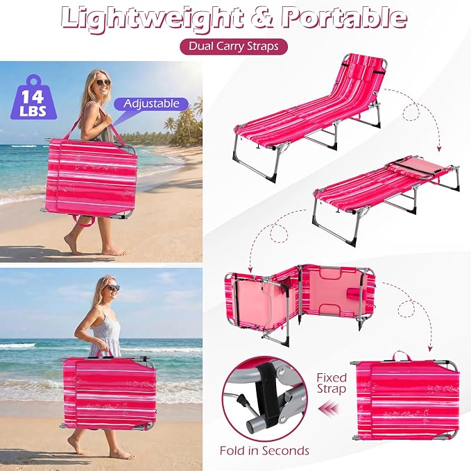 GYMAX Tanning Chair, 330LBS Beach Lounge w/Face Arm Hole & Shoulder Strap, Folding Layout Sunbath Chair, Face Down Outdoor Chaise Lounger for Patio, Poolside, Lawn, Backyard (1, Pink Stripe)