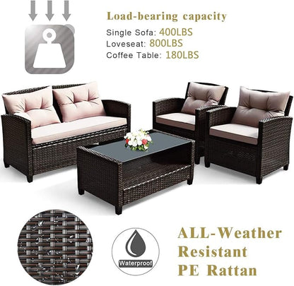 HAPPYGRILL 4-Piece Patio Conversation Set Rattan Wicker Chair Furniture Set with 1 Loveseat, 2 Single Sofas, 1 Coffee Table, Outdoor Indoor Furniture Sets for Backyard Porch Garden Poolside Balcony