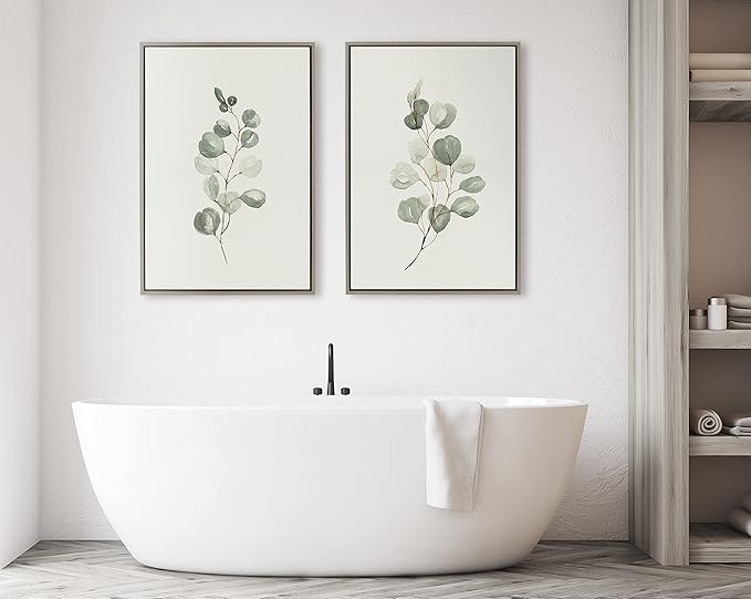 Kate and Laurel Sylvie Eucalyptus 4a & Eucalyptus 4b Framed Canvas Wall Art Set by Maja Mitrovic of Makes My Day Happy; 2 Piece 23x33 Gray; Simple Plant Art Set Wall Décor