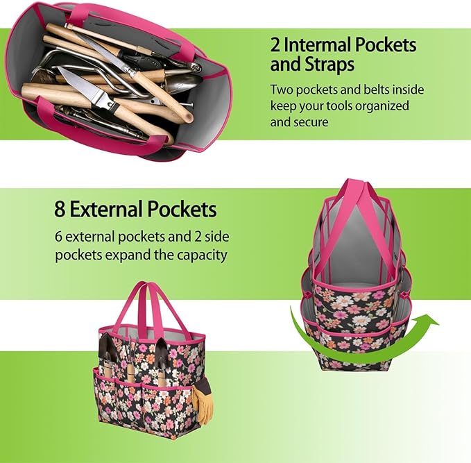 Daisy Flowers Garden Tool Bag - Waterproof Garden Tote with 8 Pockets, Large Storage Home Organizer Gardening Tool Oxford Bag for Garden Tools Kits Holder, Ideal Outdoor Gardening Gift for Women & Men